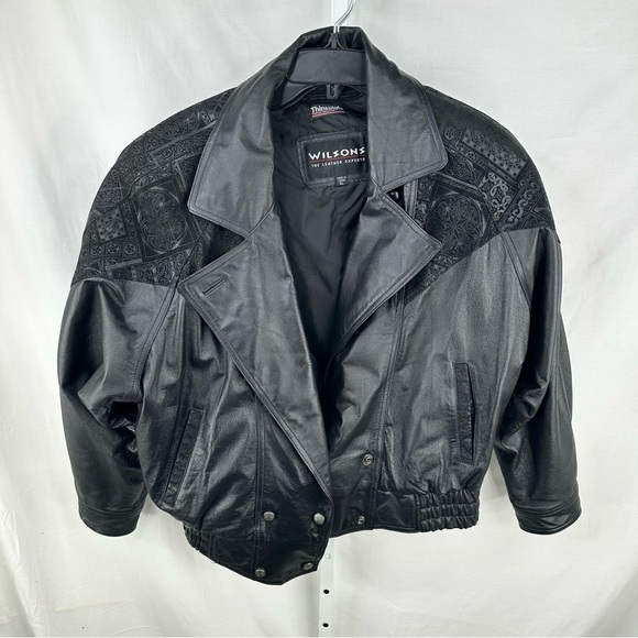 Wilsons Leather Jackets & Blazers - Vintage 80s Wilsons Womens Black Leather Batwing Bomber Jacket Embossed Sz XL